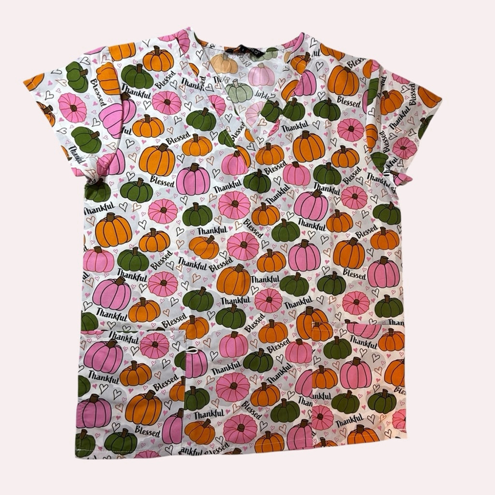 Cassandra O Short Sleeve Scrub White Pink Pumpkin Print